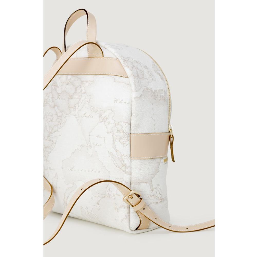 Side view of Alviero Martini Prima Classe white leather women's backpack with map design, ideal for spring/summer collection.