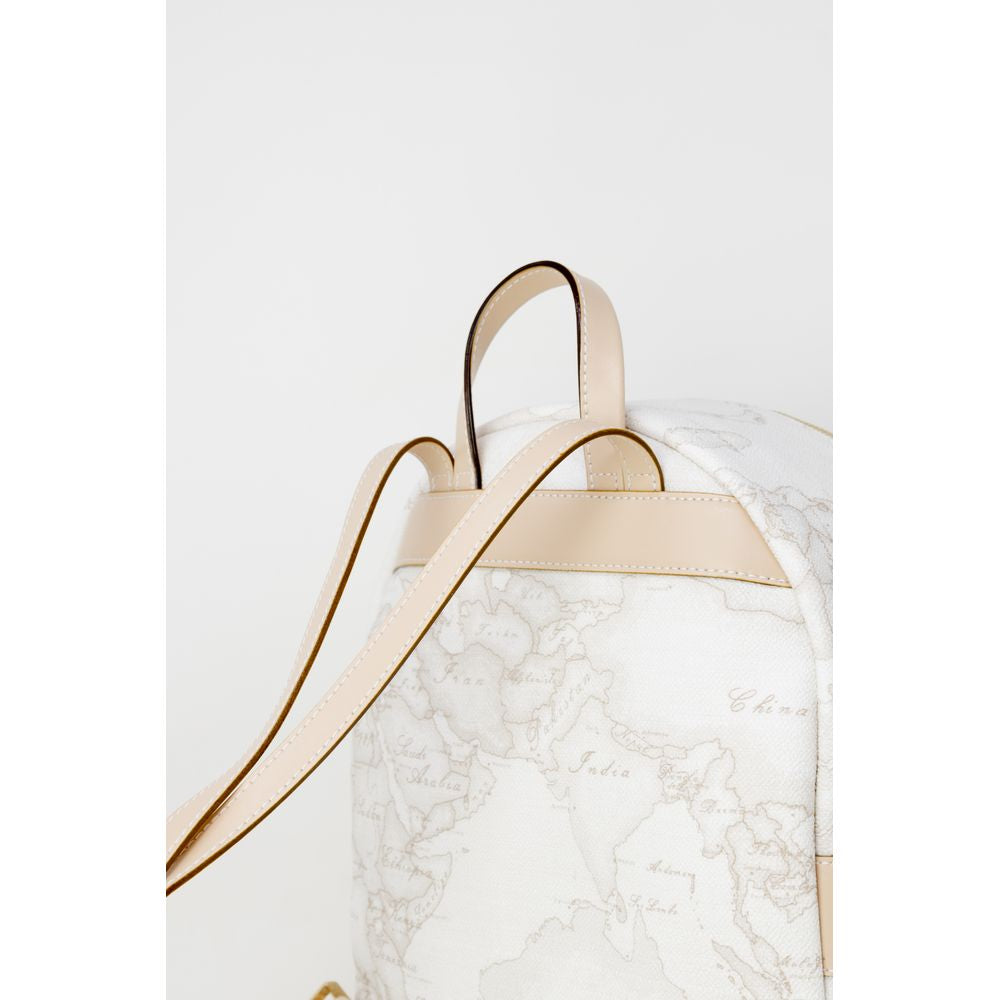 Alviero Martini Prima Classe white leather backpack with world map design, part of the women's Spring/Summer collection, close-up view.