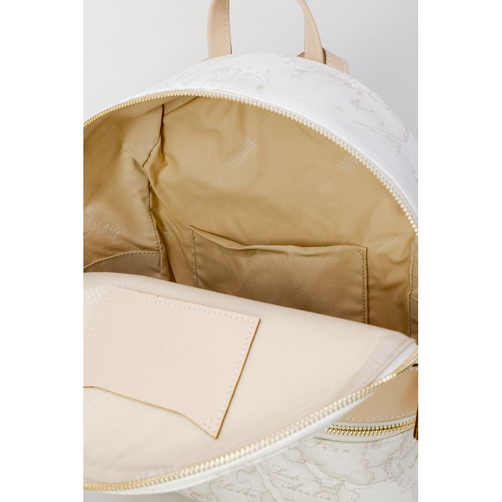 Interior of Alviero Martini Prima Classe white leather backpack with beige lining and pockets, showcasing spacious design for women.