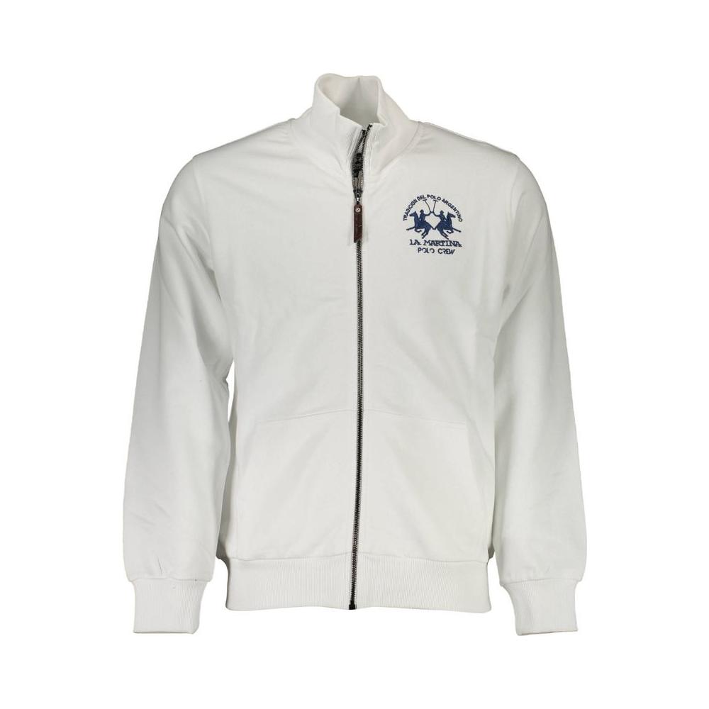 La Martina white cotton men's sweater with zip-up design and brand embroidery, featuring long sleeves and two central pockets.