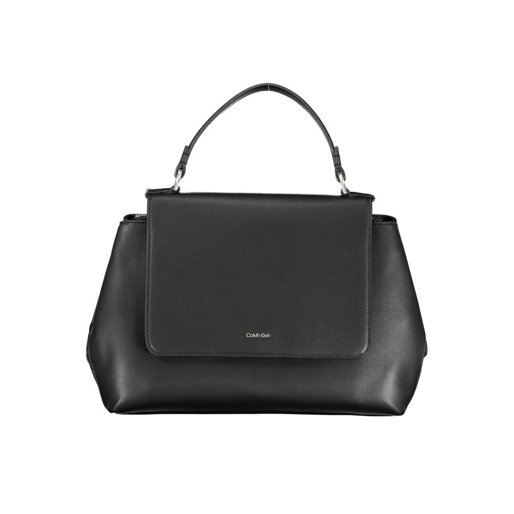 Calvin Klein black polyester handbag with handle, adjustable shoulder strap, internal pockets, and logo detail.