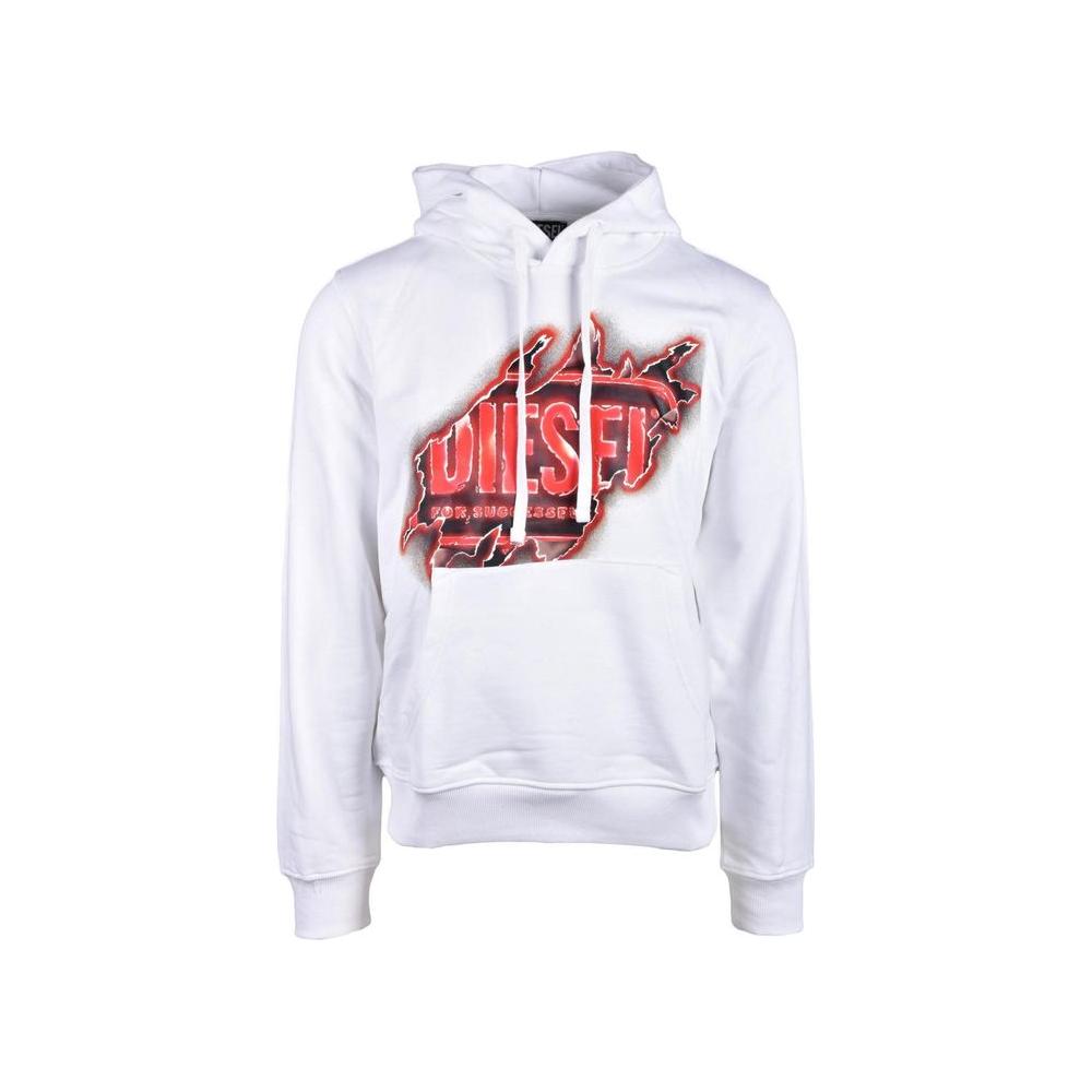 Diesel white cotton hoodie with distinctive logo, front pocket, and adjustable hood, perfect for a casual and modern style.