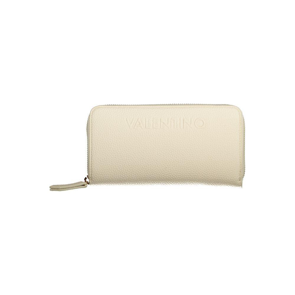 Valentino Bags beige polyethylene wallet with zip closure, featuring 6 compartments, coin purse, and double card spaces. Recycled material.