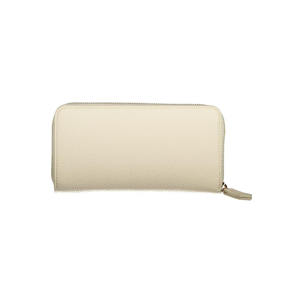 Valentino Bags beige polyethylene wallet with 6 compartments, coin purse, card spaces, and zip closure.