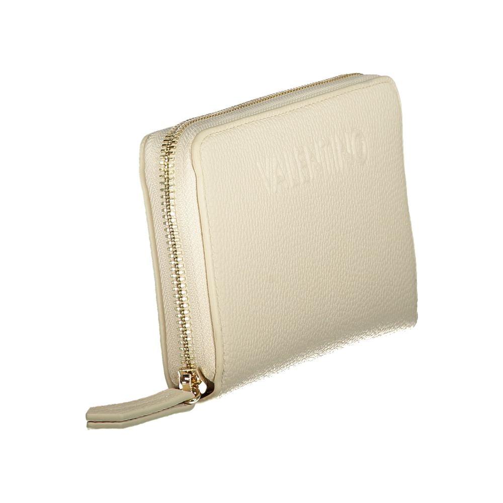 Valentino beige polyethylene wallet with 6 compartments, coin purse, double card spaces, zip closure, and logo, made from recycled materials.