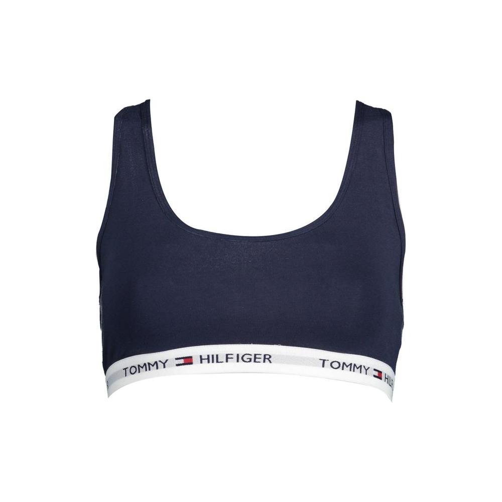 Tommy Hilfiger blue cotton sports bra with elastic band, contrast details, and logo for comfortable, stylish wear.