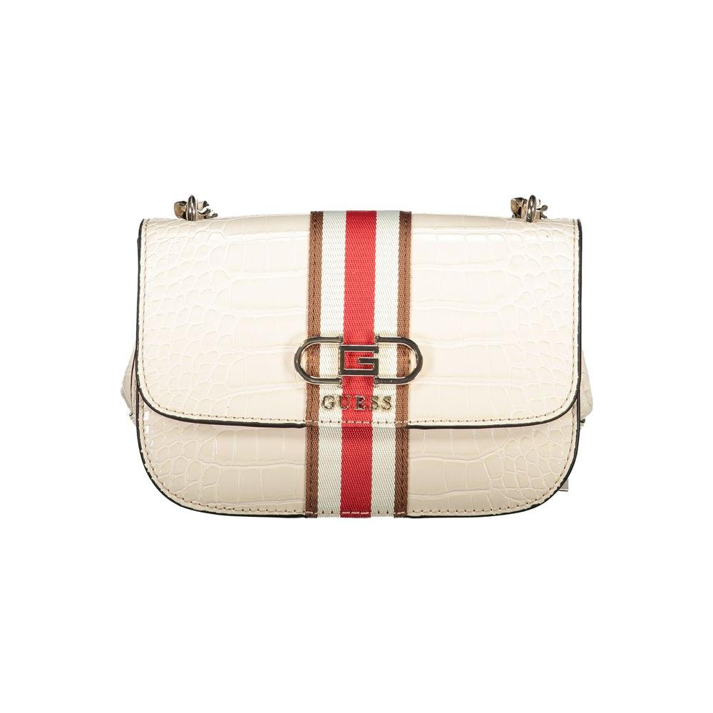 Guess Jeans beige polyethylene handbag with adjustable chain strap, external pocket, card slots, contrast details, and snap closure.