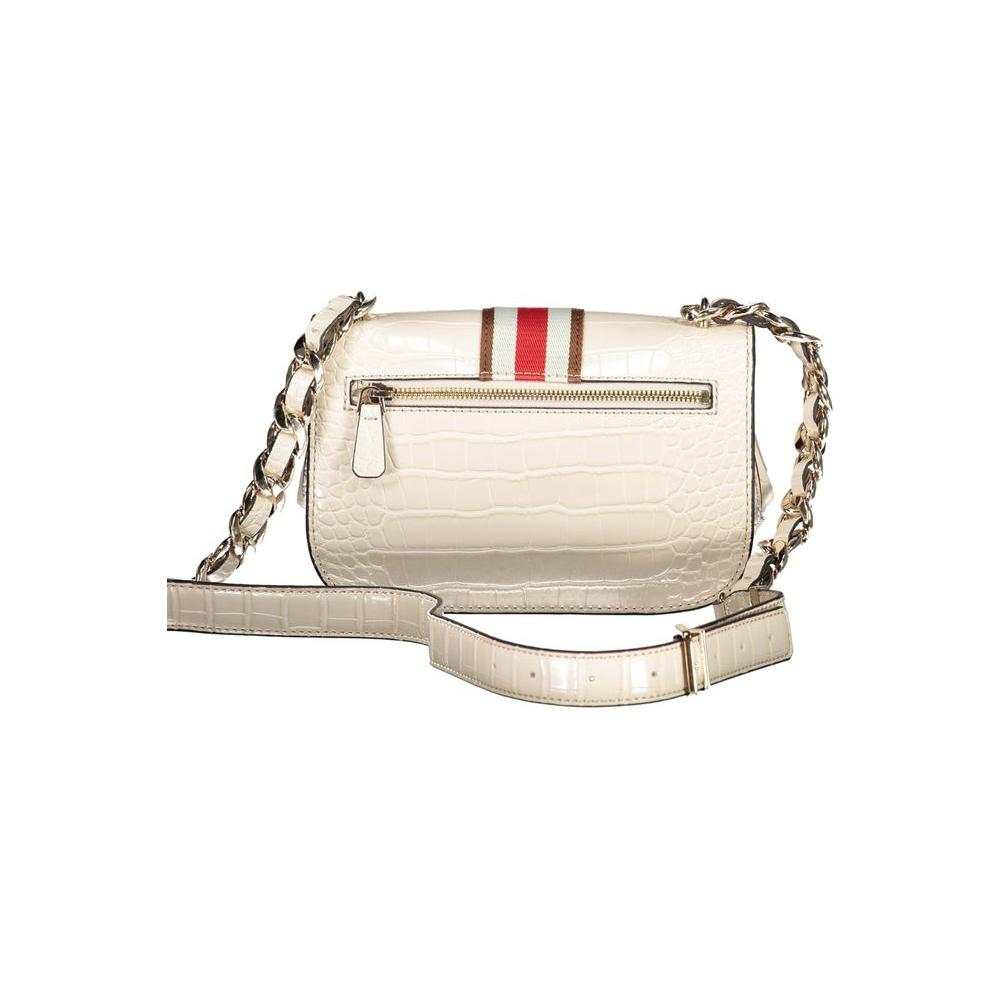 Beige polyethylene handbag with adjustable chain strap, external pocket, snap closure, and logo, featuring contrast details.
