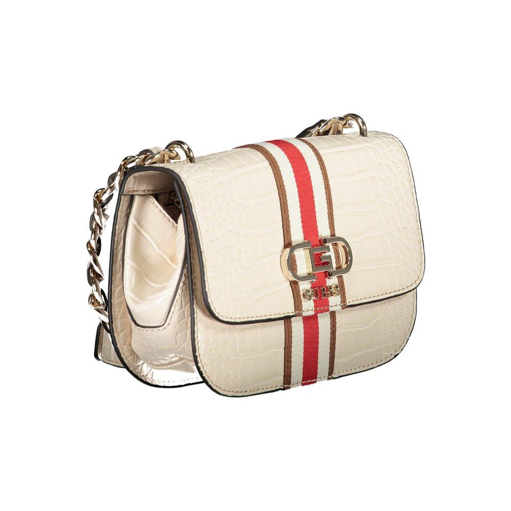 Guess Jeans beige polyethylene handbag with adjustable chain strap, external pocket, snap closure, and logo design.