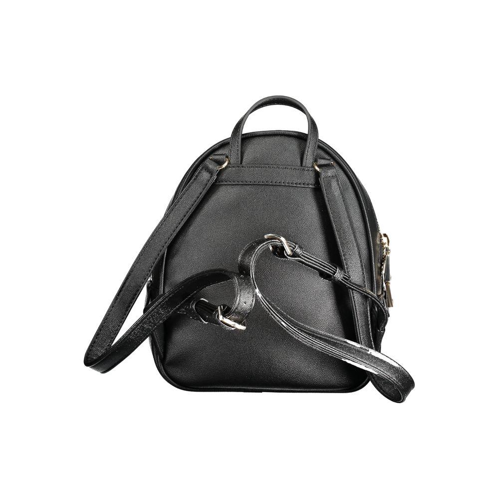 Black polyethylene backpack with adjustable straps and logo, featuring zip closure and multiple pockets by Guess Jeans.