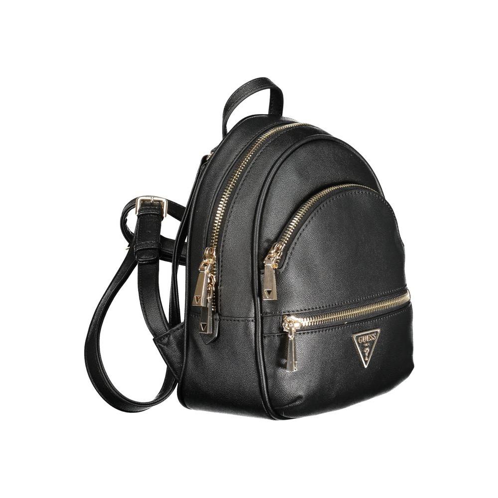 Guess Jeans black polyethylene backpack with gold zippers, adjustable straps, external and internal pockets, and logo for stylish storage.