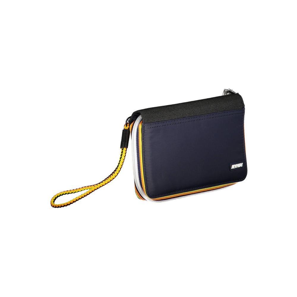 K-WAY blue polyamide wallet with zip closure, 5 compartments, coin purse, card slots, contrasting details, and logo application.