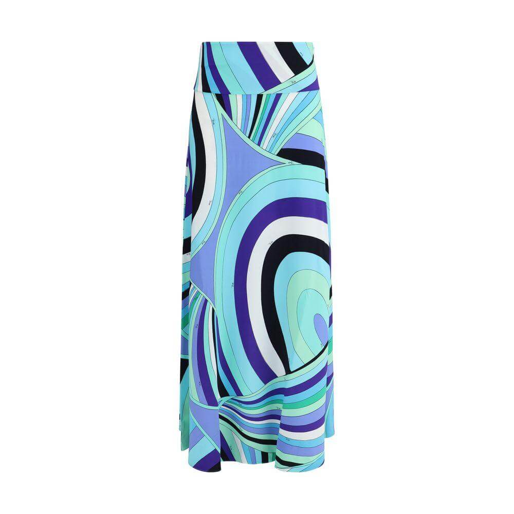 Emilio Pucci Iride print long skirt with fitted waist and vibrant blue patterns, elegant and versatile design.