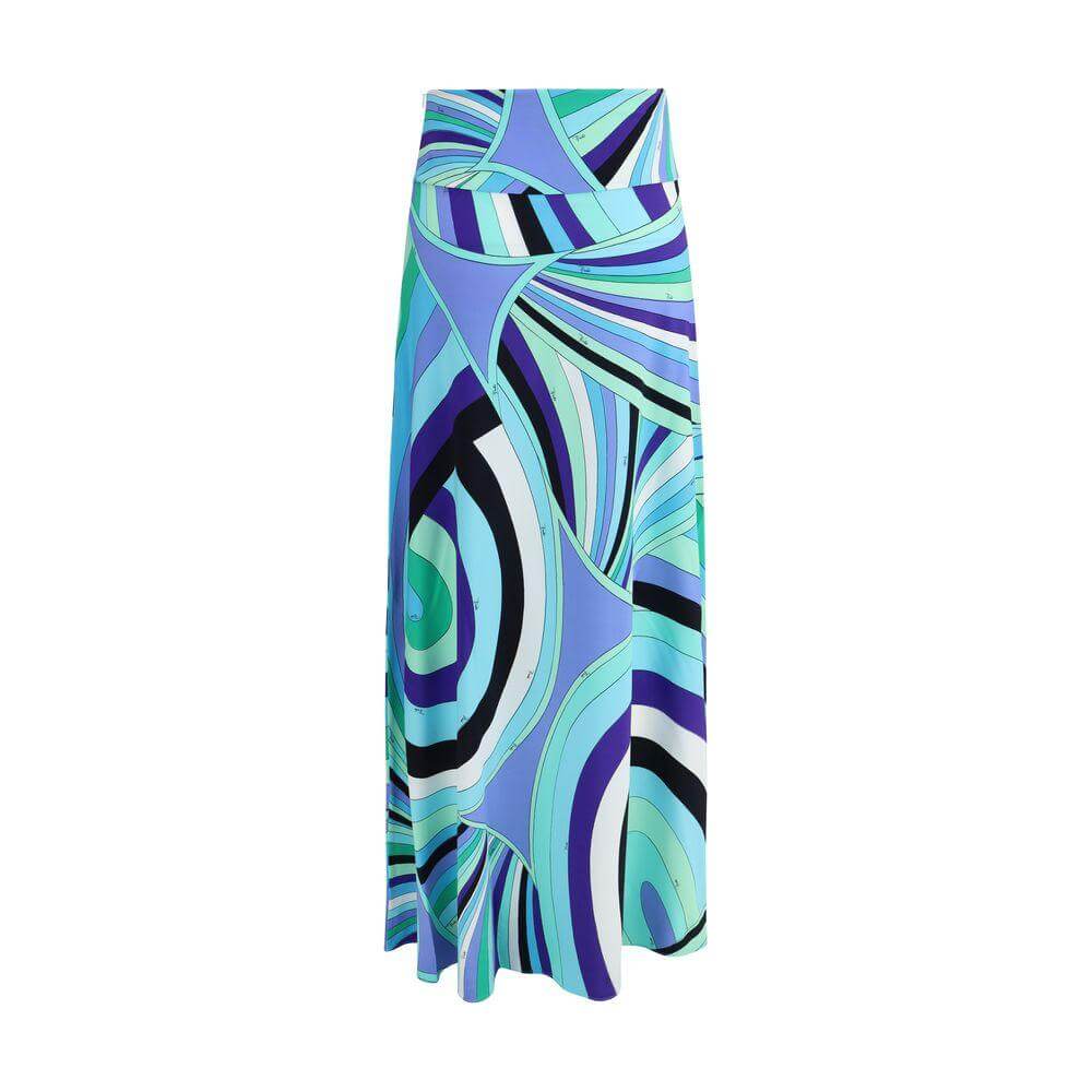 Emilio Pucci Iride print long skirt with vibrant blue and green patterns, featuring a fitted waist and flowing design.