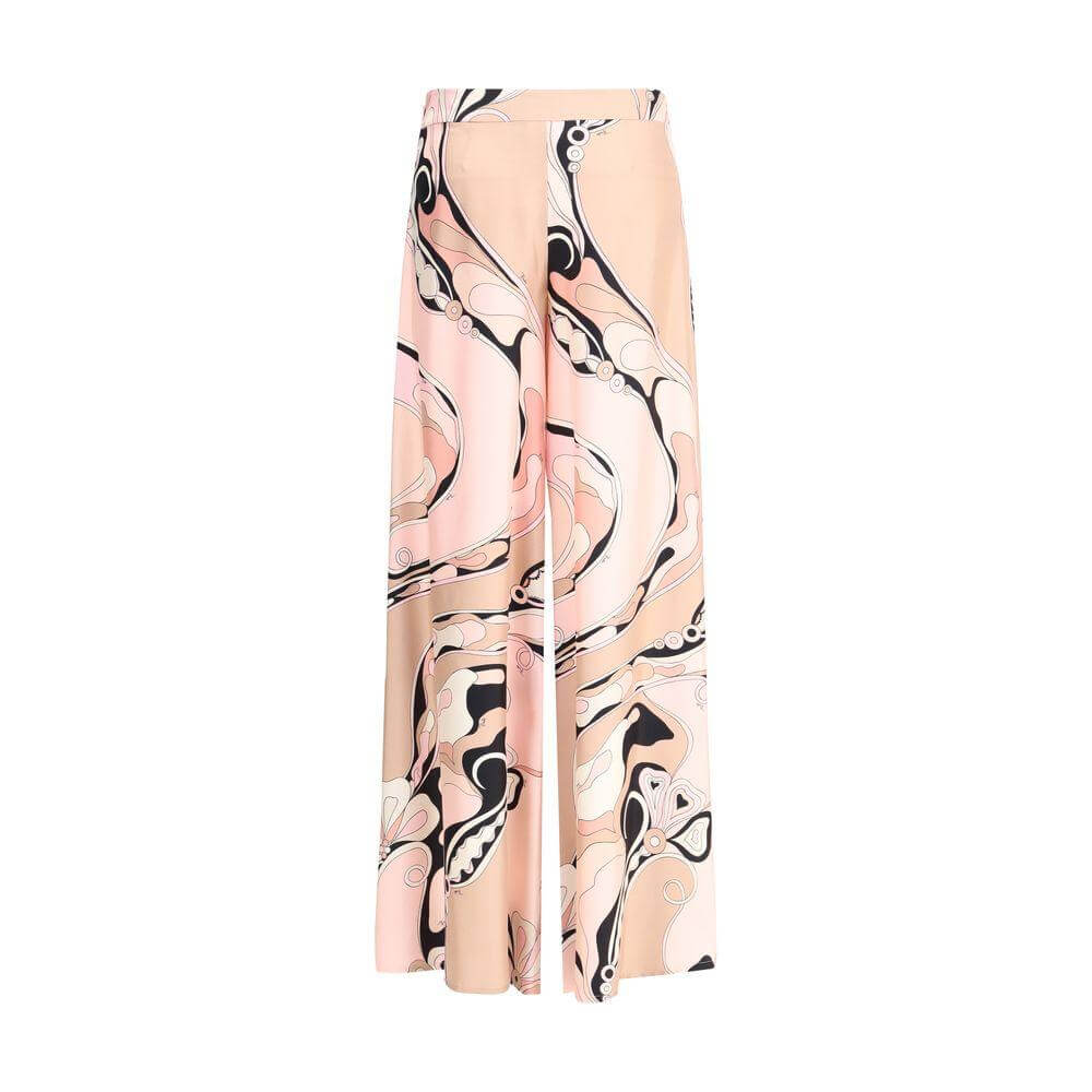 Emilio Pucci Orchid print silk pants with wide leg design and vibrant pattern, ideal for a stylish and comfortable summer look.