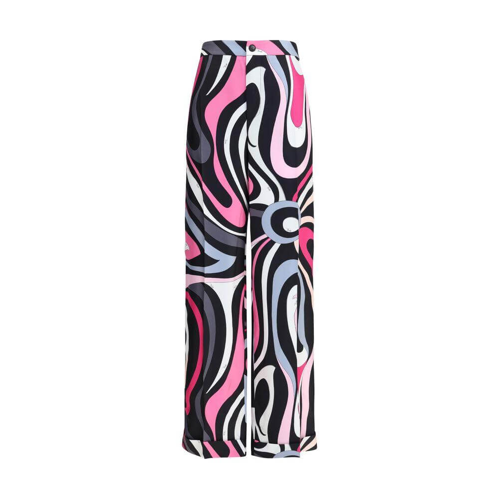 Emilio Pucci marble print silk pants with high waist, straight leg, vibrant colors, and embossed piping details.