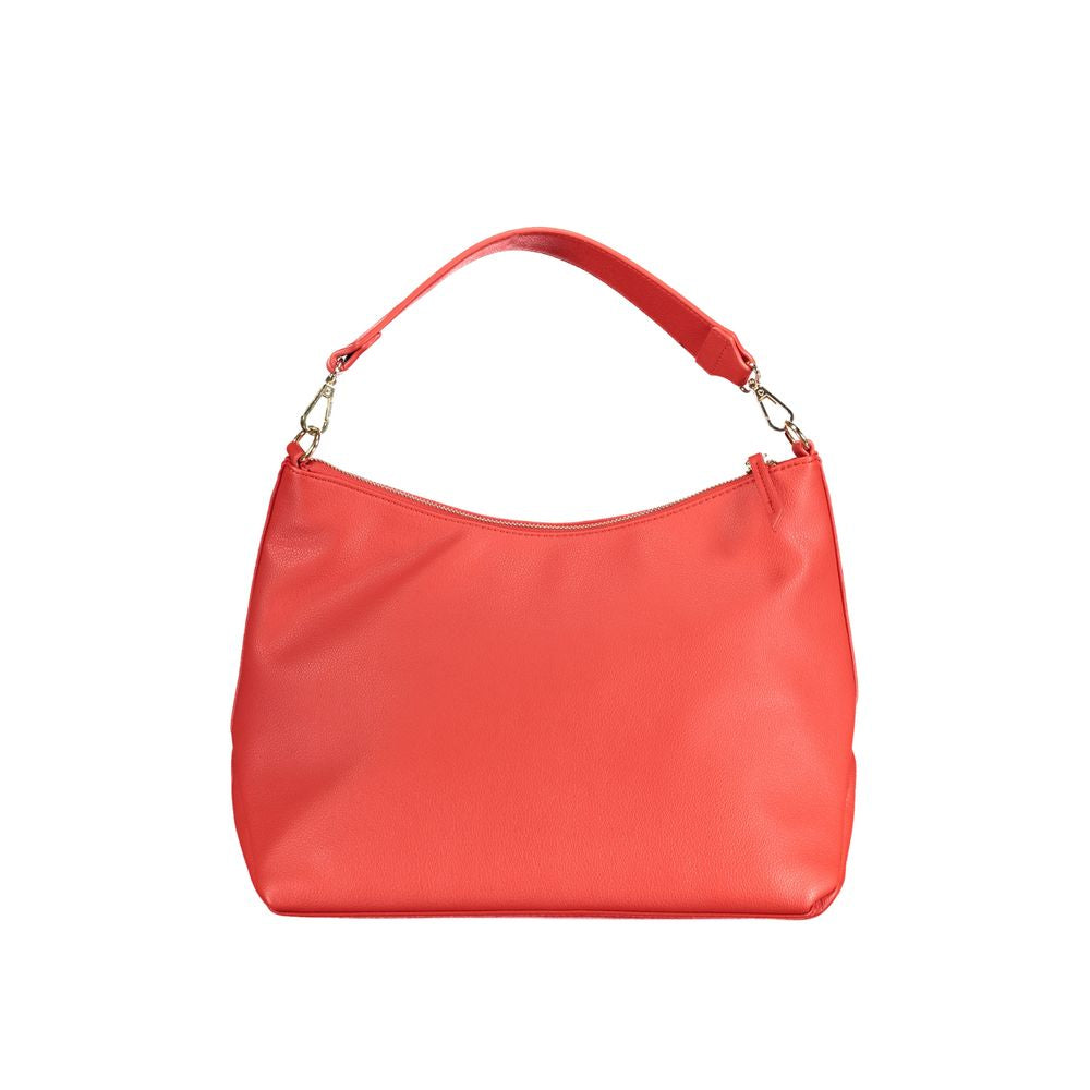 Valentino red polyethylene handbag with removable shoulder handle and strap, internal pocket, contrast details, and zip closure.