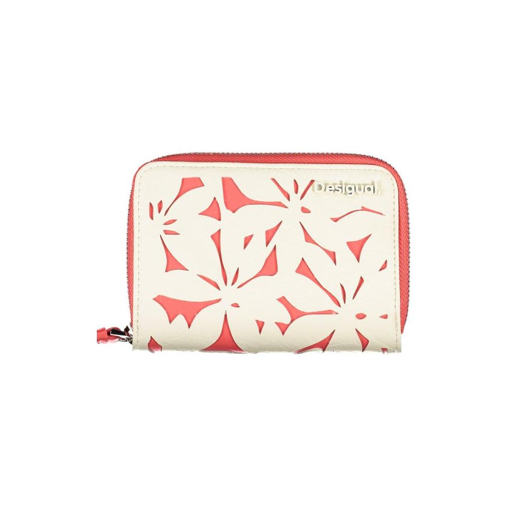 Desigual white polyethylene wallet with red floral pattern, featuring 4 compartments, card slots, coin purse, and zip closure.