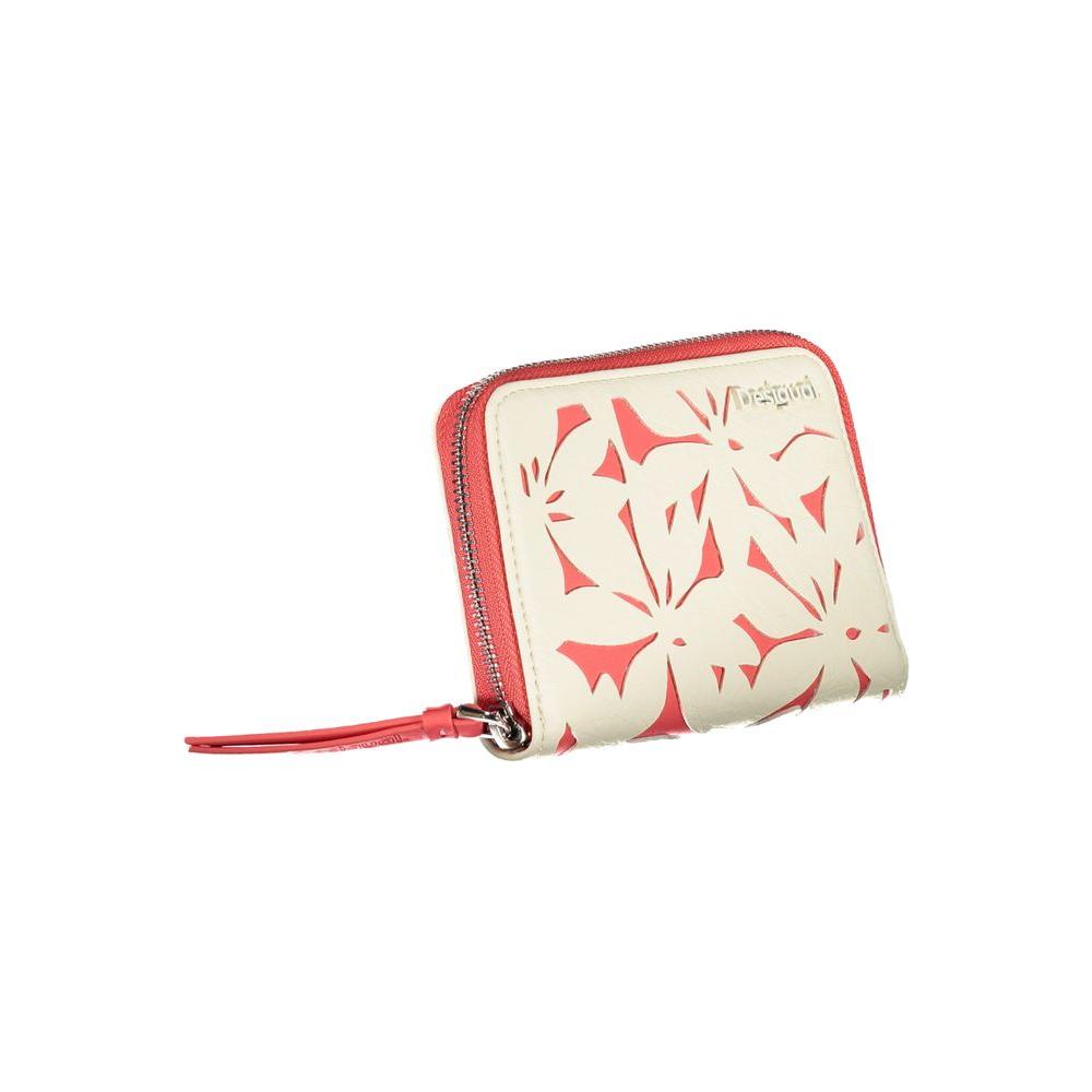 Desigual white polyethylene wallet with zip closure, four compartments, card space, coin purse, and contrasting details.