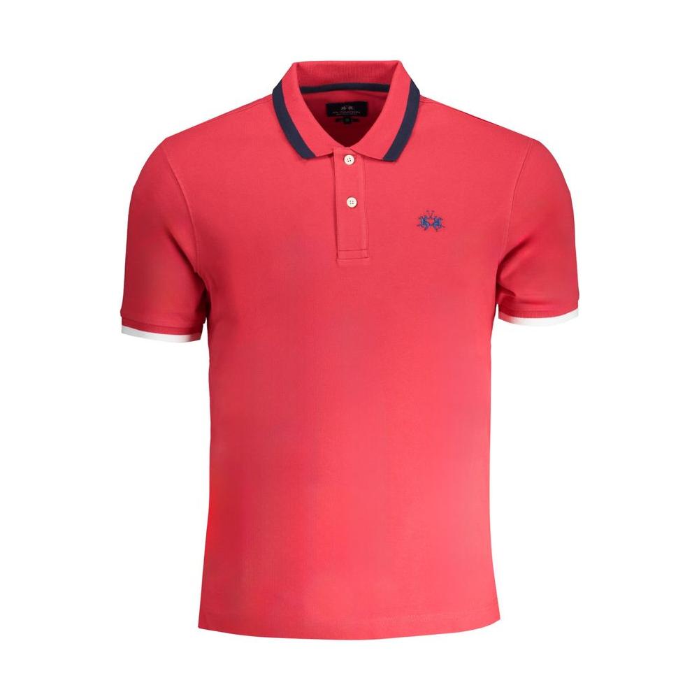 La Martina red cotton polo shirt, slim fit, short sleeves, with 2 buttons, contrast details, embroidery, and logo design.
