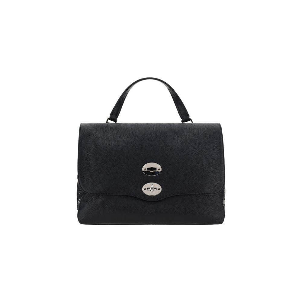 Zanellato Daily Postina Bag in calfskin leather with flat leather handle, adjustable shoulder strap, and swivel hook closure.