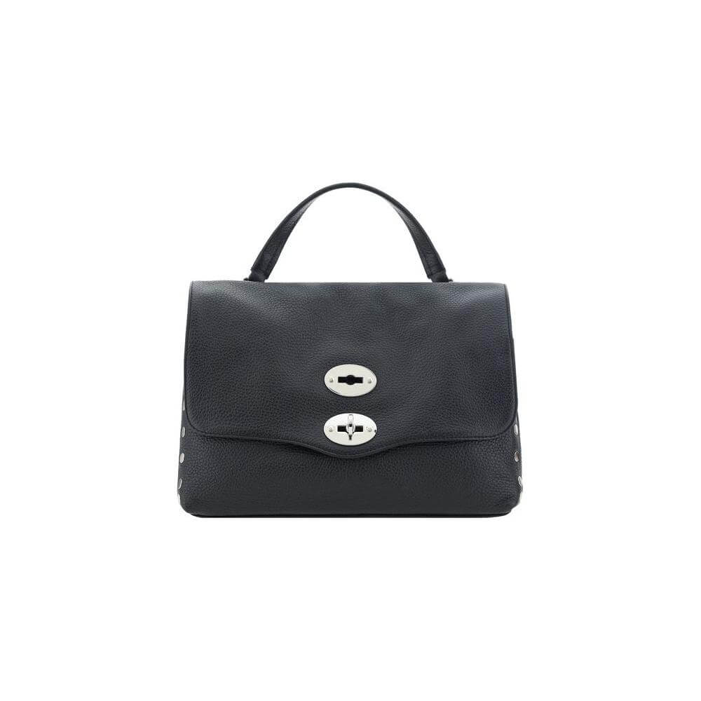 Zanellato Postina Daily Shoulder Bag with leather handle and front clasp, featuring adjustable strap and studs, in black calfskin.