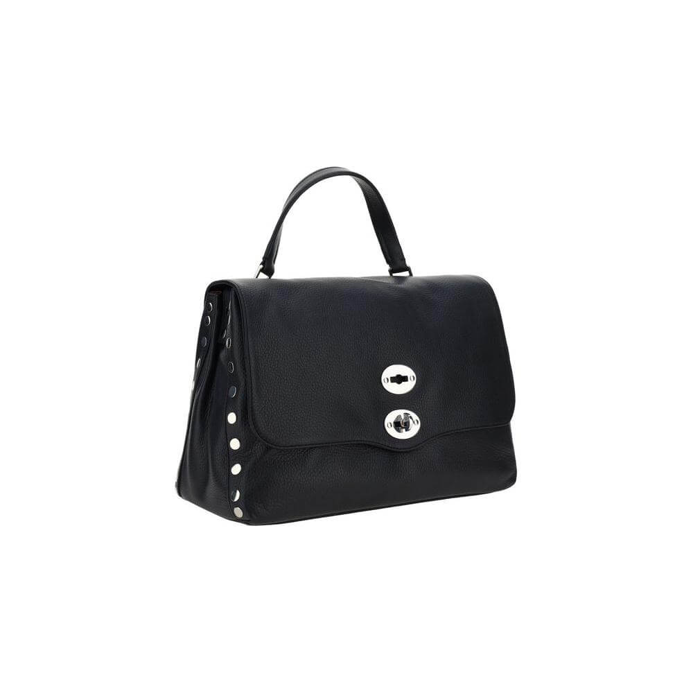 Zanellato Daily Postina Bag in black calfskin with flat leather handle, swivel hook closure, studs, and adjustable shoulder strap.