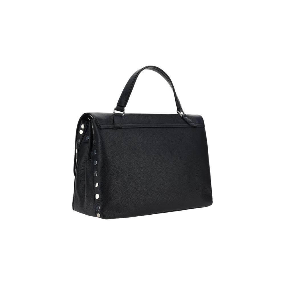 Black Zanellato Daily Postina Bag with handle, featuring adjustable strap, flat studs on side, and dual compartments.
