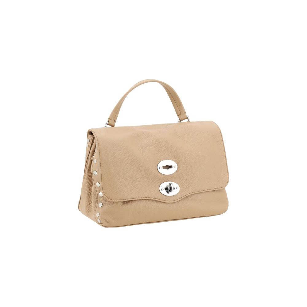 Zanellato Postina Daily Shoulder Bag in calfskin with top handle and studs, featuring adjustable strap and interior compartments.