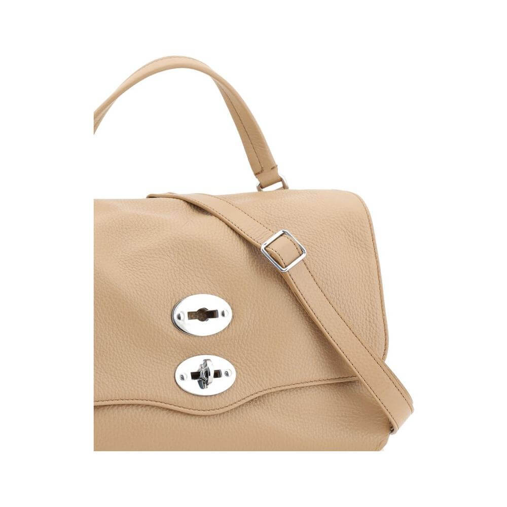 Zanellato Postina Daily Shoulder Bag in beige calfskin with leather top handle and adjustable strap, featuring front hook closure.