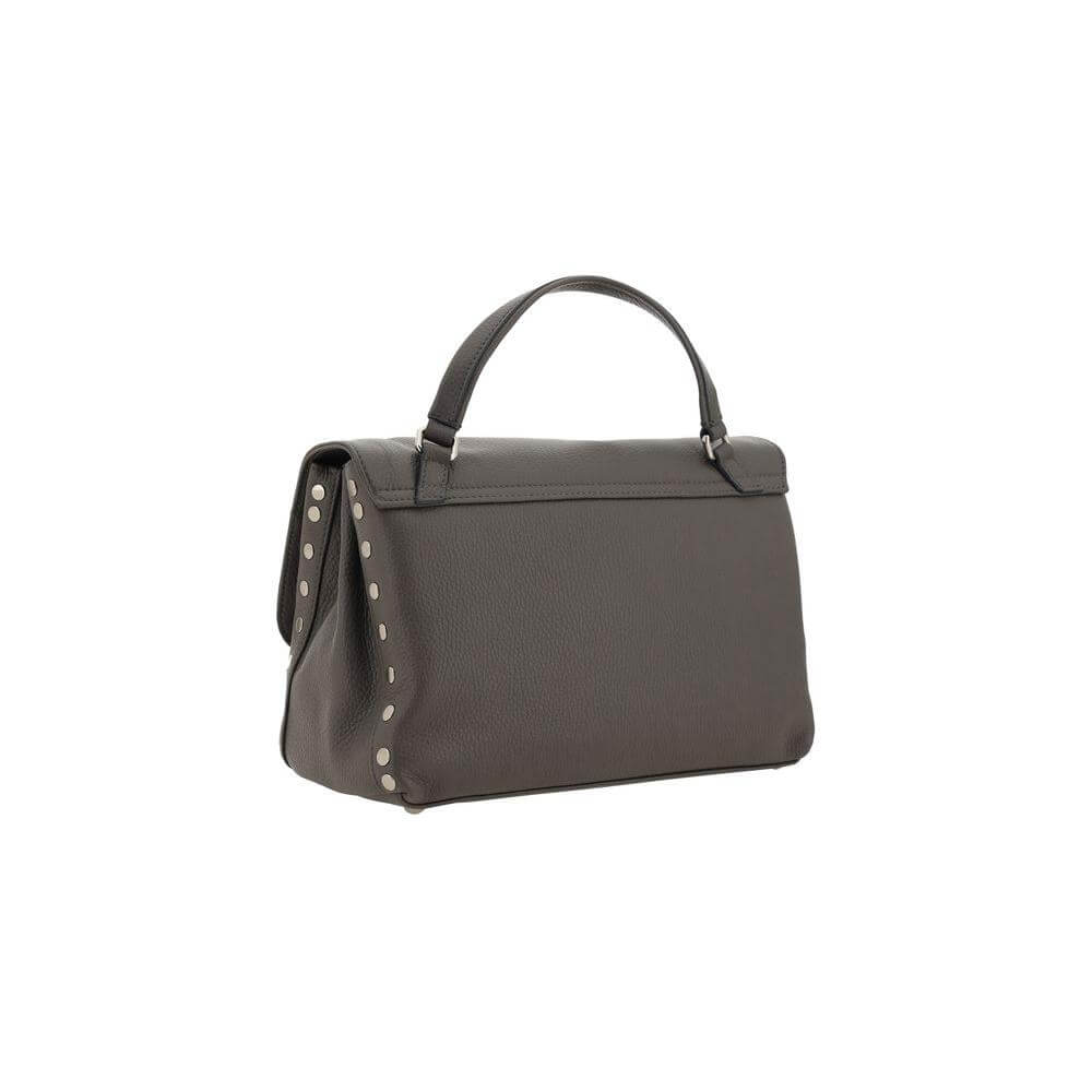Zanellato Postina Daily Shoulder Bag in gray calfskin leather with flat studs and top handle.