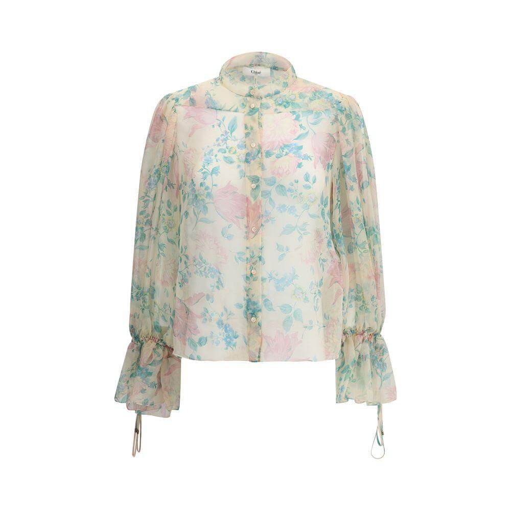 Chloé sheer blouse in silk muslin with peony print, featuring a mandarin collar and gathered cuffs with laces and metal ends.