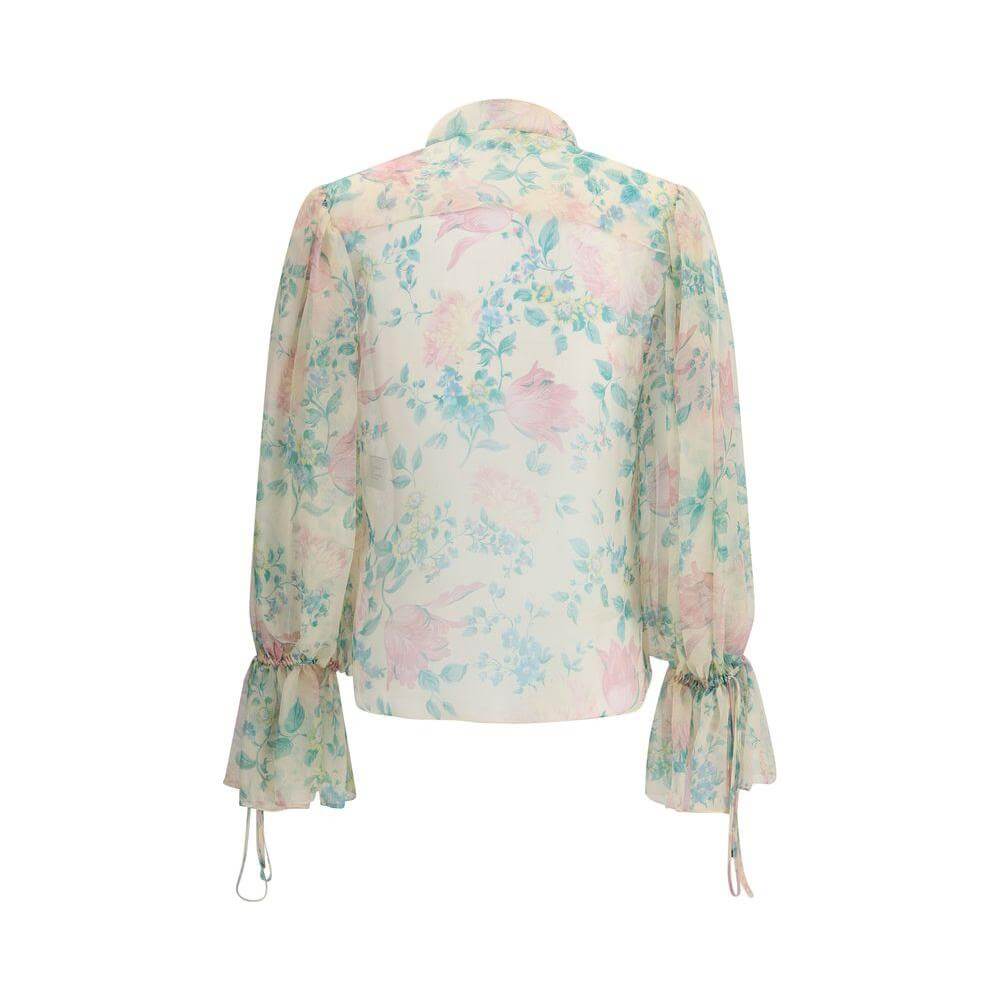 Chloé silk muslin sheer blouse with peony print, featuring mandarin collar and gathered cuffs, back view.