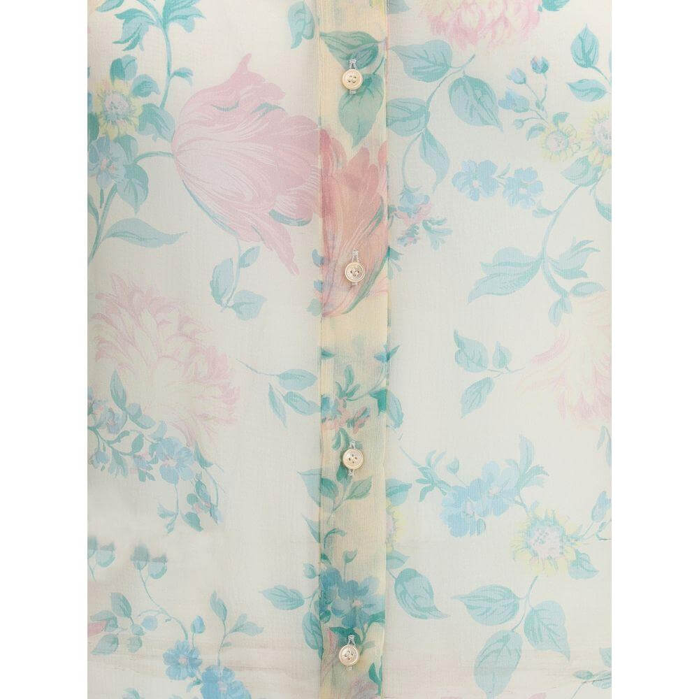 Chloé sheer silk blouse with peony print, featuring a front button placket and delicate floral design for an elegant look.