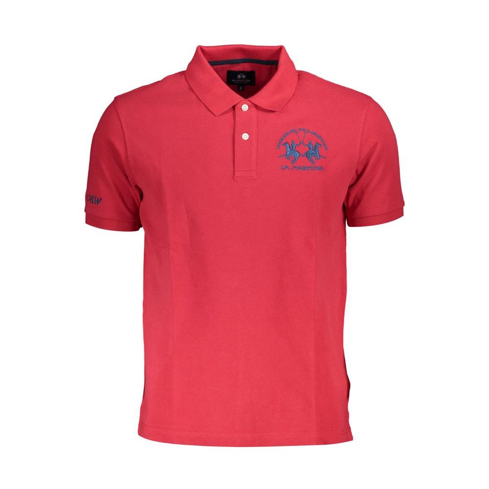 La Martina red cotton polo shirt for men with short sleeves and embroidered logo, featuring a two-button placket. Sophisticated style.