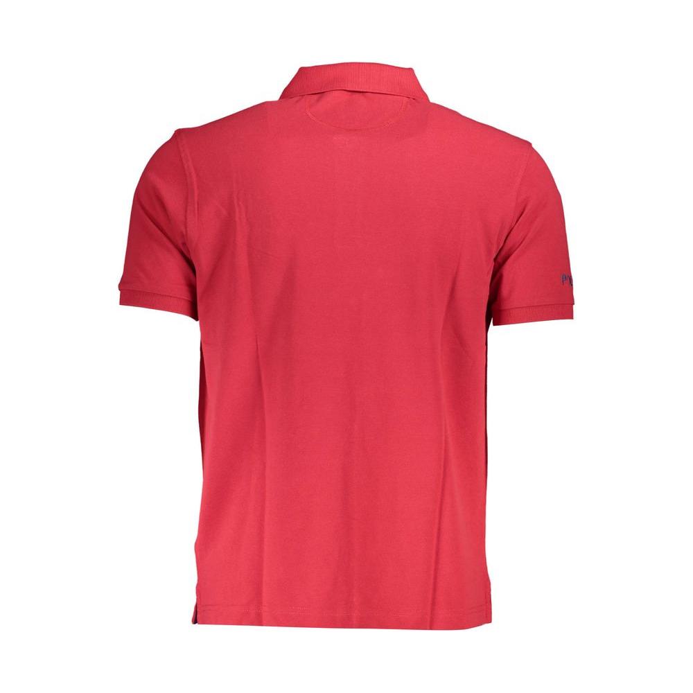Back view of La Martina Red Cotton Men Polo Shirt showcasing luxurious fabric and sleek design with short sleeves.