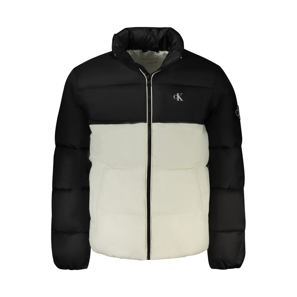 Calvin Klein white polyester men's jacket with black details, featuring logo, zip closure, and pockets for a stylish, sustainable look.