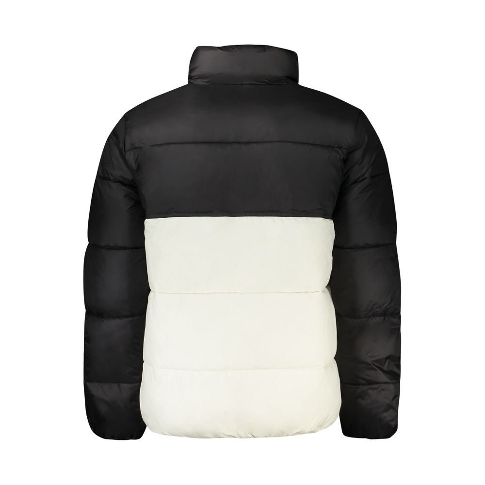 Calvin Klein white polyester men's jacket with contrasting black details, long sleeves, and sleek logo, featuring outer and inner pockets.
