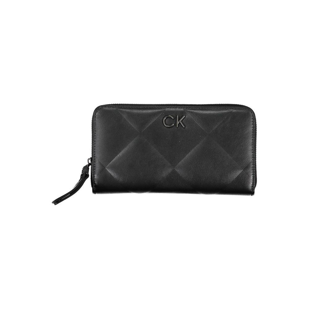 Calvin Klein black RFID blocking wallet with logo, featuring zip closure and multiple compartments for secure organization.