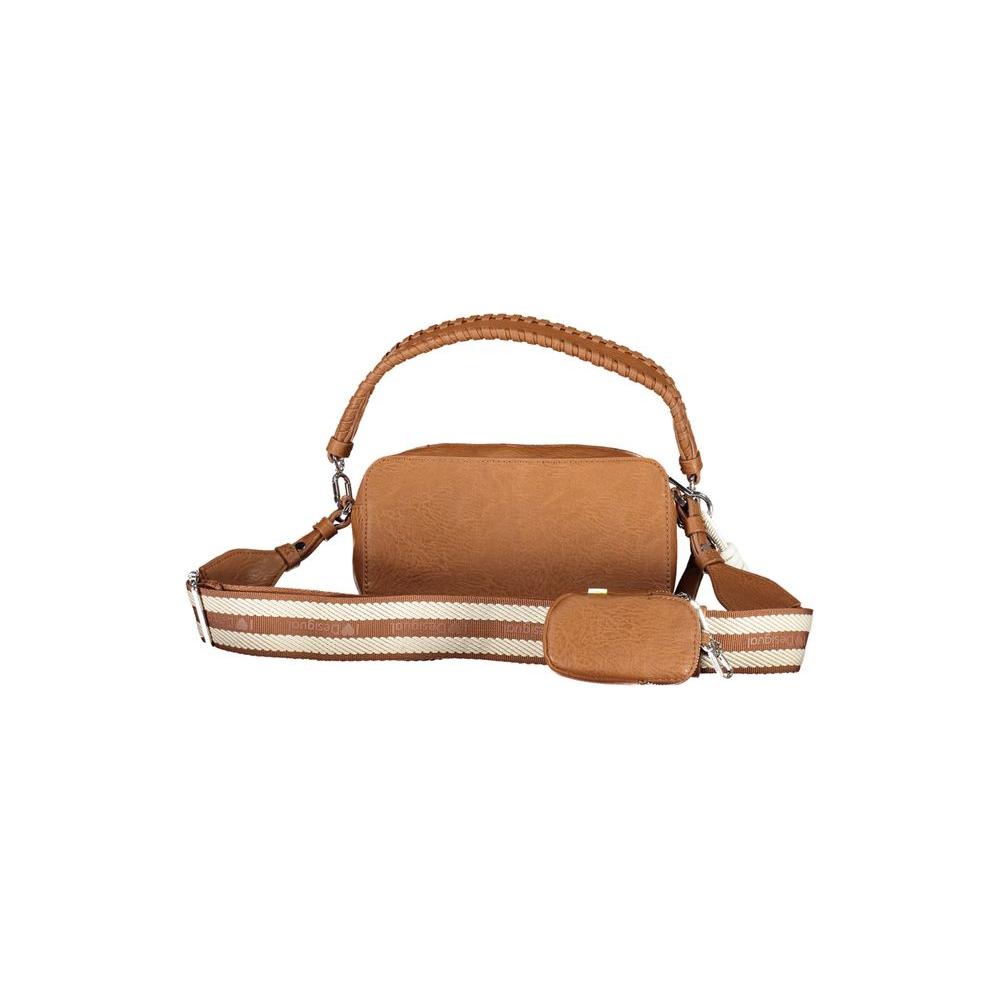 Desigual brown polyethylene handbag with removable shoulder handle, adjustable straps, external and internal pockets, and zip closure.