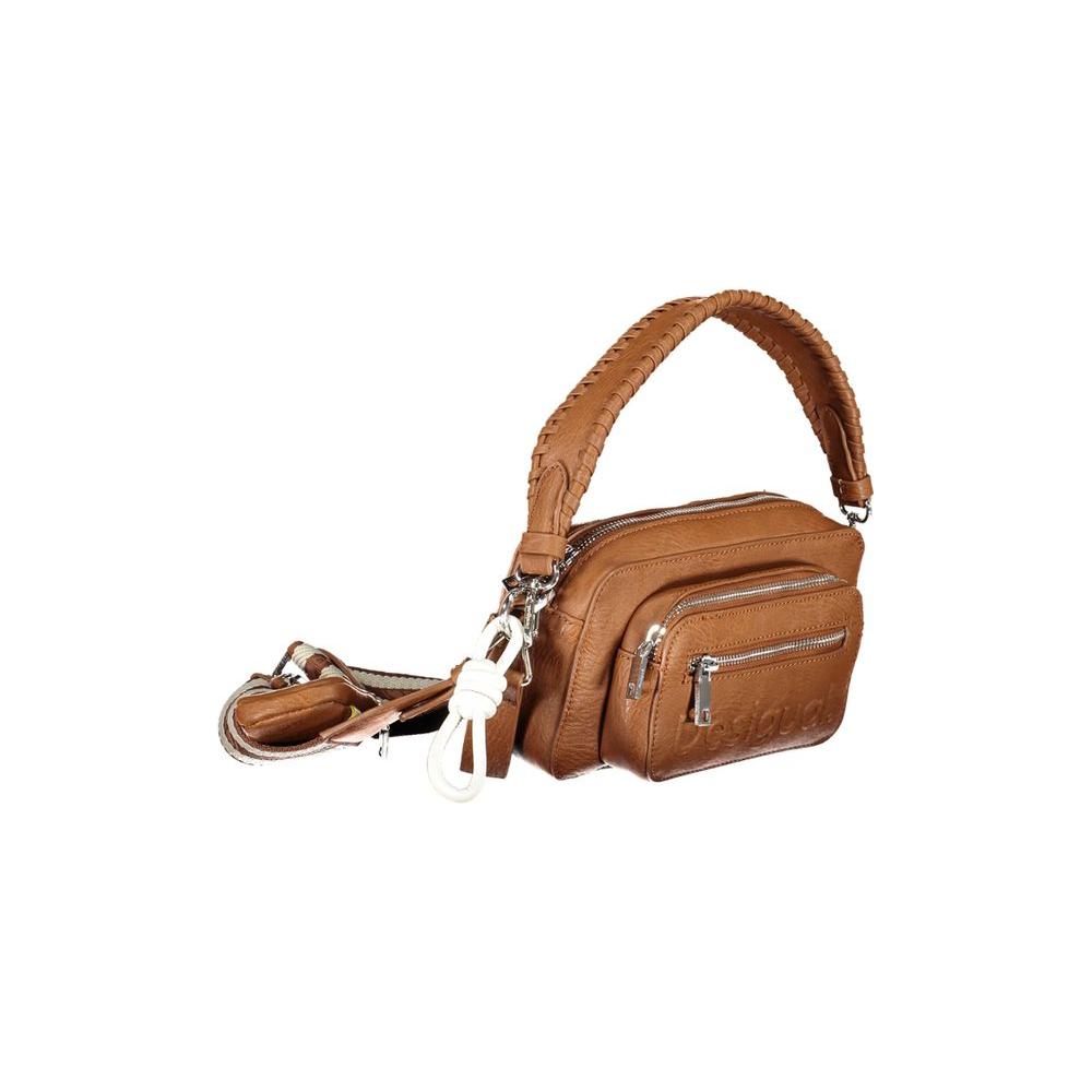 Desigual brown polyethylene handbag with removable shoulder handle and straps, featuring dual external pockets and a zip closure.