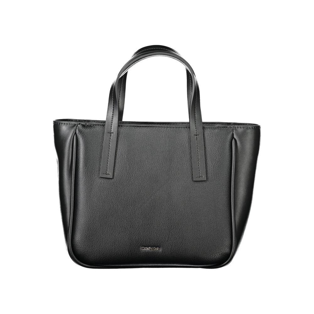 Calvin Klein black polyethylene women's handbag with dual handles and zip closure, featuring a versatile style and subtle logo.