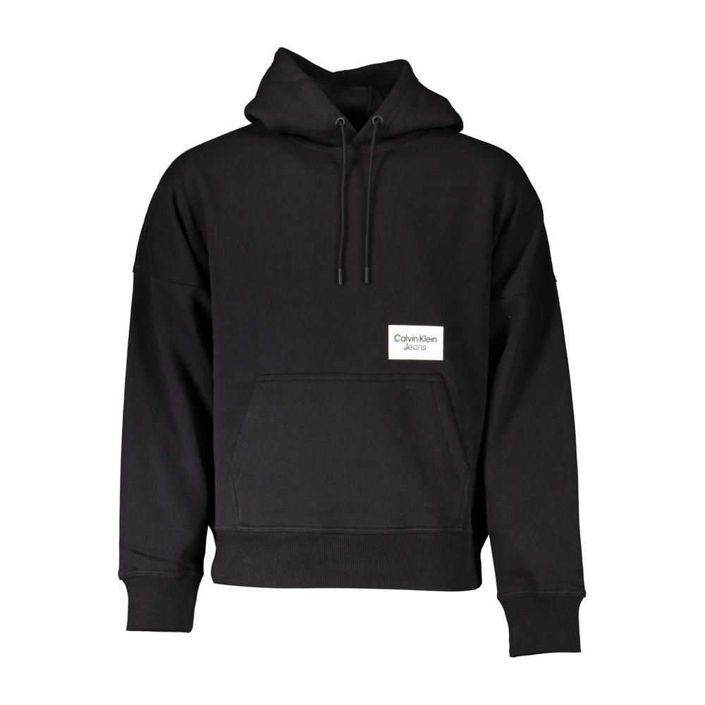 Calvin Klein black cotton men's hooded sweatshirt with bold logo and central pocket, designed for modern trend-setters.