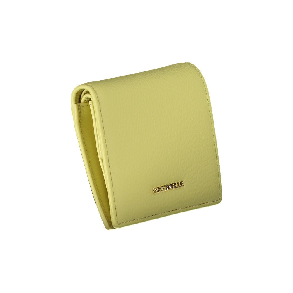 Coccinelle yellow leather wallet with two compartments, coin purse, card slots, automatic closure, and logo.