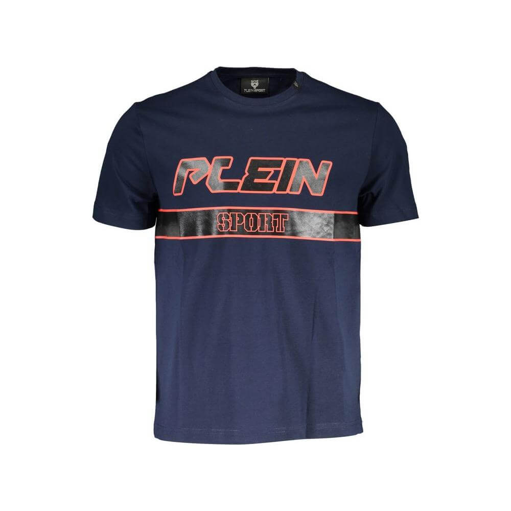 Plein Sport blue cotton men's t-shirt with bold print and logo, short sleeves, crew neck, premium comfort.