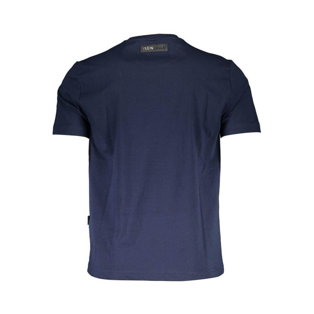 Plein Sport blue cotton men's t-shirt back view with crew neck and short sleeves, featuring bold Plein Sport logo, made of 100% cotton.