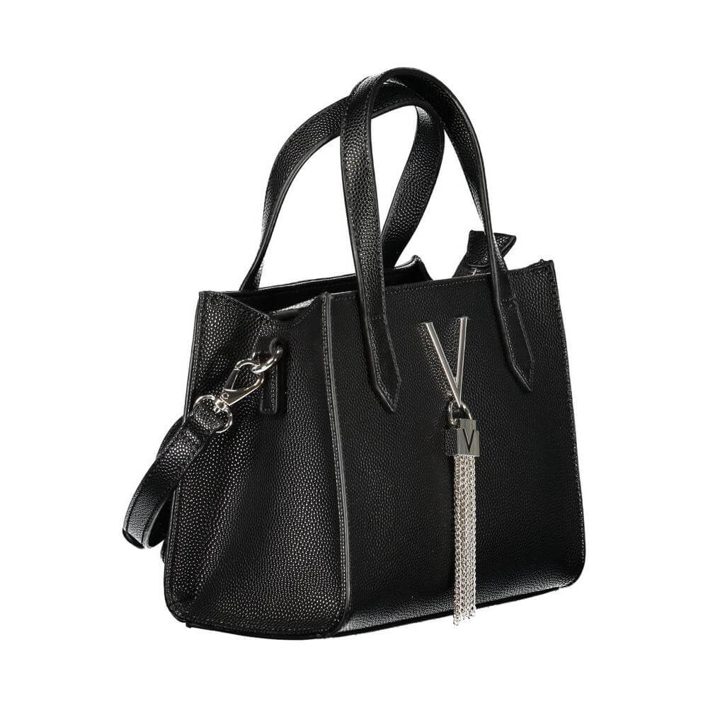 Valentino Bags black polyethylene women's handbag with stylish handles and shoulder strap, featuring sleek design and silver tassel detail.