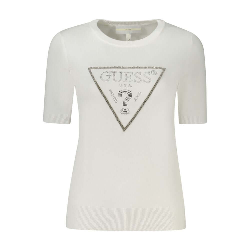 Guess Jeans white viscose women's sweater with rhinestone embellishments and iconic logo, showcasing high-end fashion and sophistication.