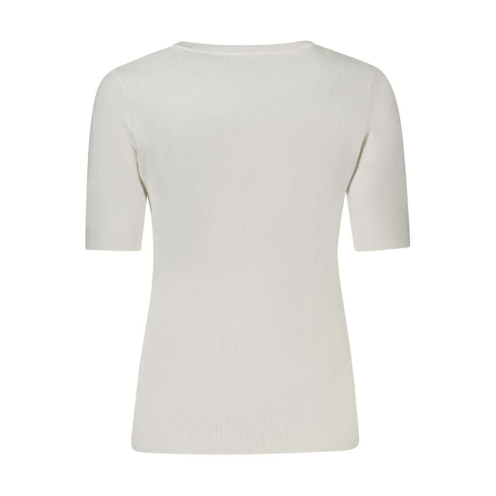 Back view of Guess Jeans Women's White Viscose Sweater with short sleeves and elegant design.