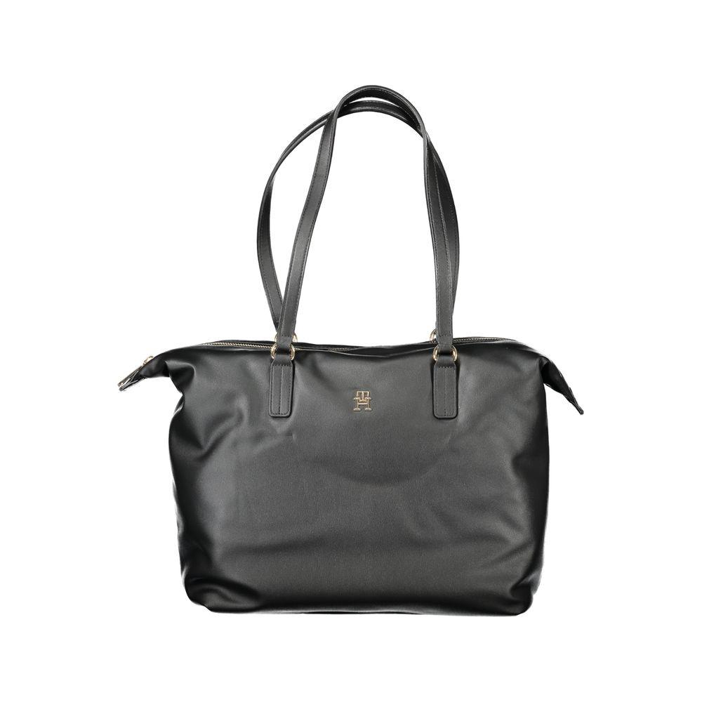 Tommy Hilfiger black polyester women's handbag with dual handles and zip closure, designed for modern sophistication and organization.